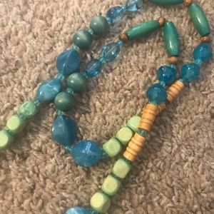 Turquoise and wood beaded wrap necklace